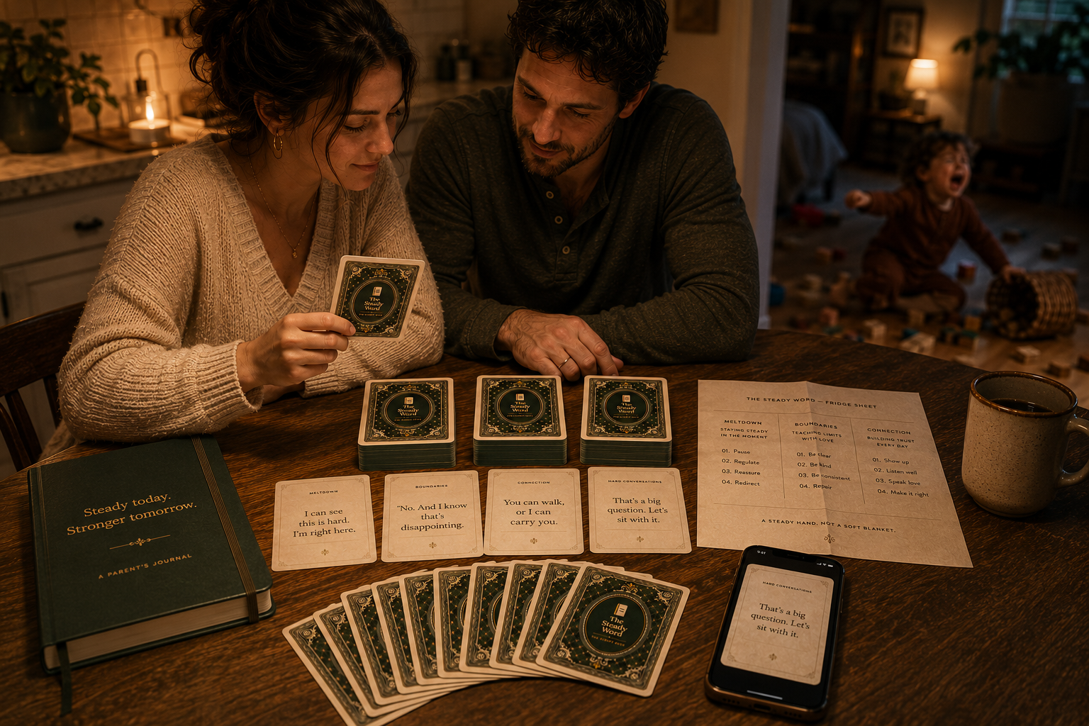 All three Steady Word decks laid out with a phone showing a script