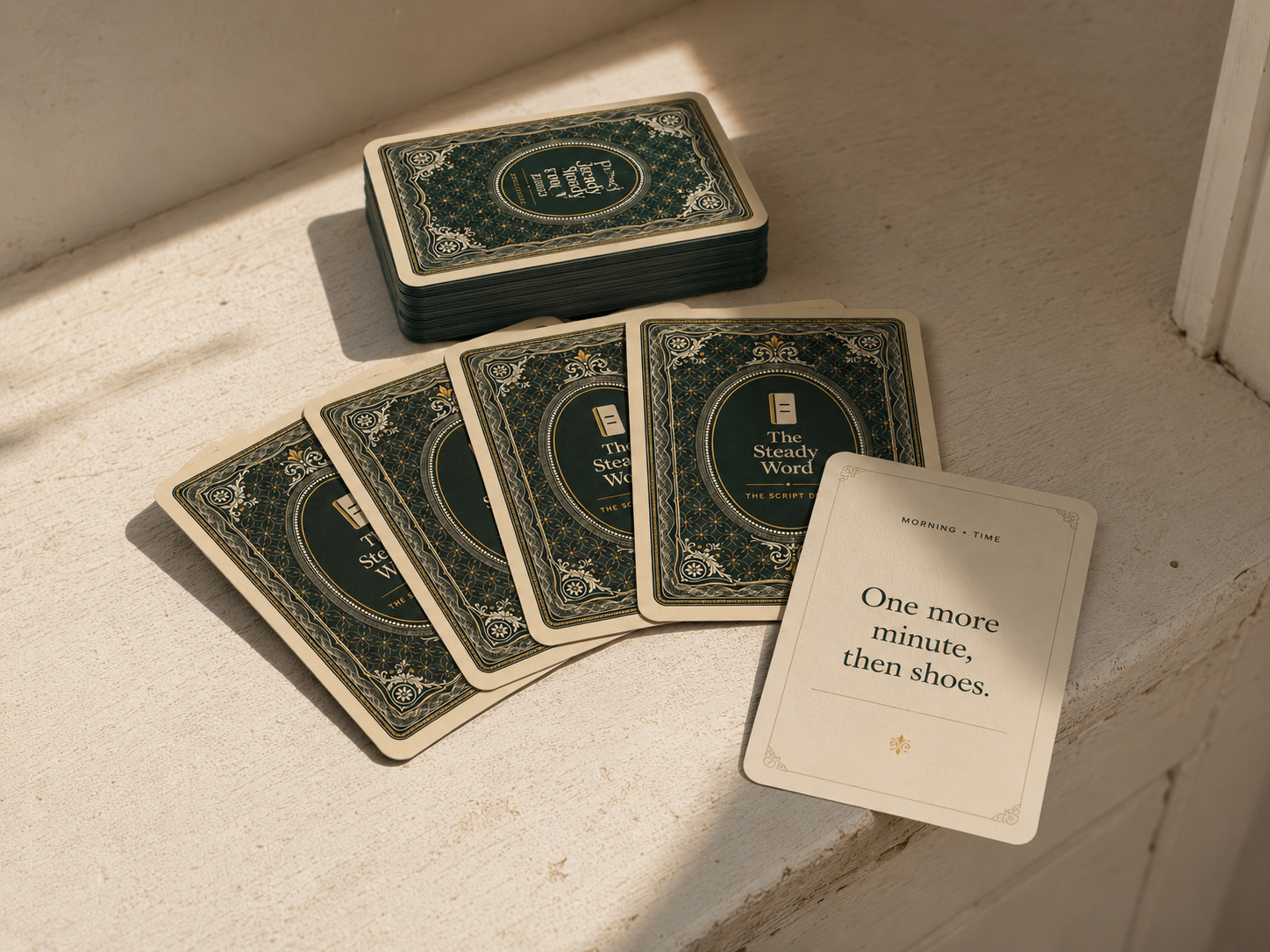 The Daily Friction Deck card resting against a stack of script cards