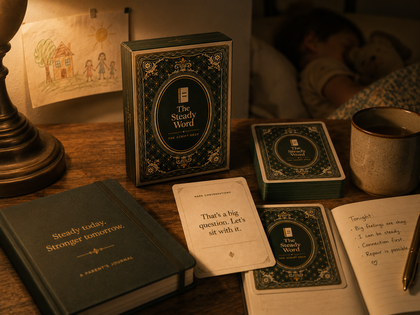 The Hard Conversations Deck card propped against a linen book